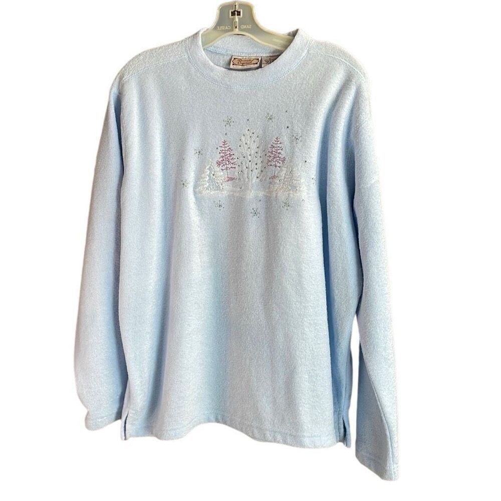 DECORATED ORIGINALS Fleece Sweatshirt Metallic Trees Rhinestones Holiday Size L